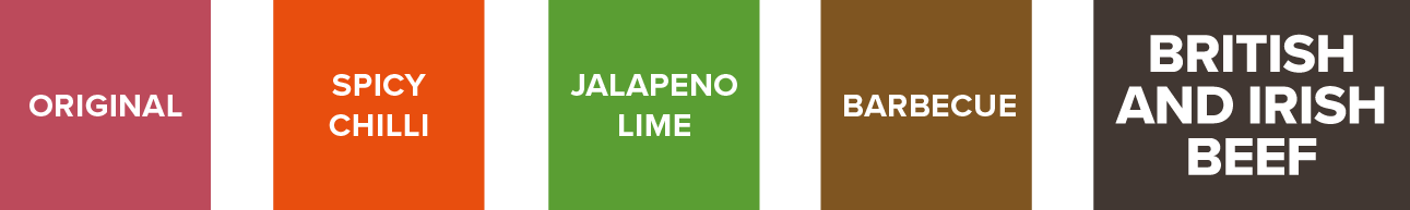 A row of five text labels on a black background, reading from left to right: 'Original,' 'Spicy Chilli,' 'Jalapeno Lime,' 'Barbecue,' and 'British and Irish Beef.'