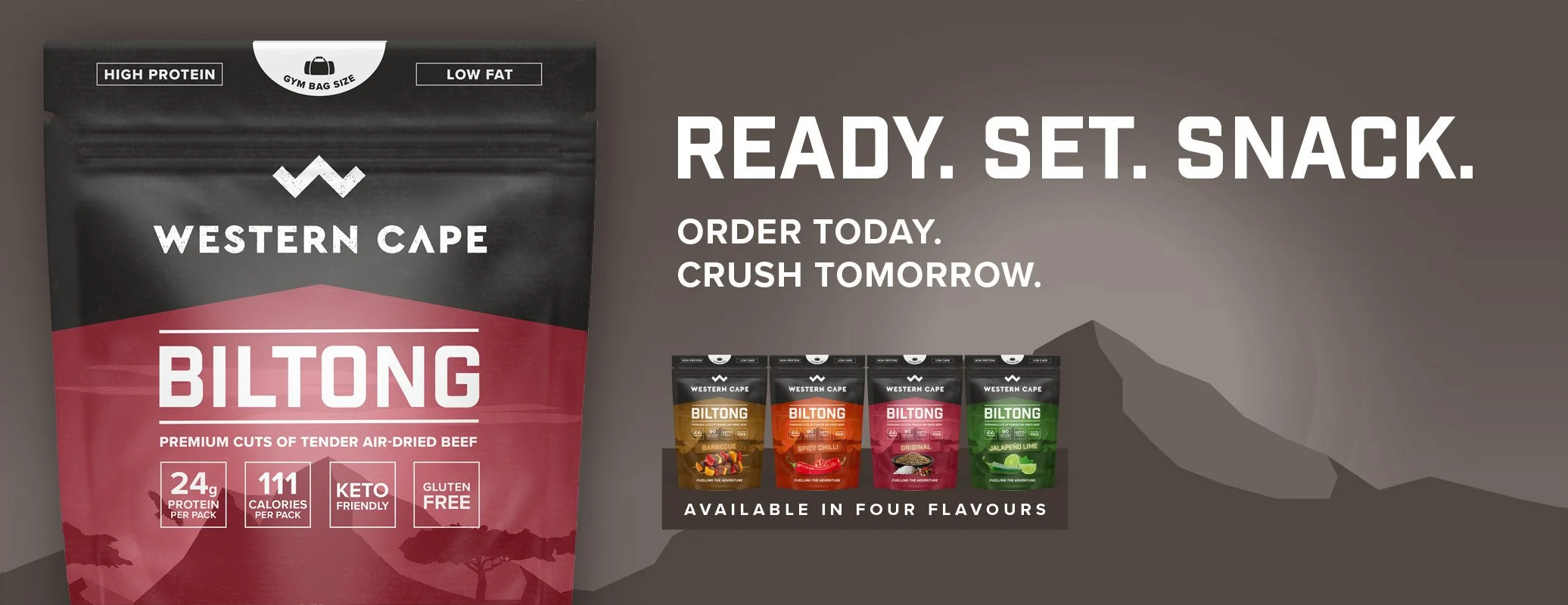 Shot of a promotional webpage for Western Cape Biltong, a high-protein, low-fat beef snack. The package features a black and red design with labels highlighting 24 grams of protein, 11 calories, keto-friendly, and gluten-free. The ad encourages ordering now and crushing the snack tomorrow, showing four flavors in smaller images: Barbecue, Spicy Chili, Original, and Jalapeño Lime.