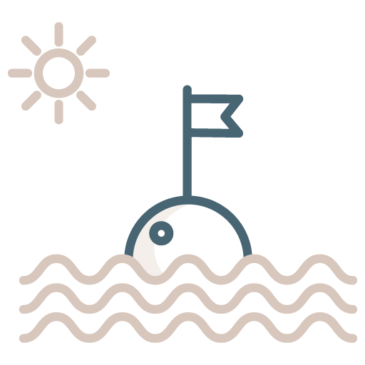 Ein Delfin schwimmt im Wasser mit einer Flagge, die aus einer bucheartigen Figur empor ragt. In der oberen linken Ecke ist eine Sonne.