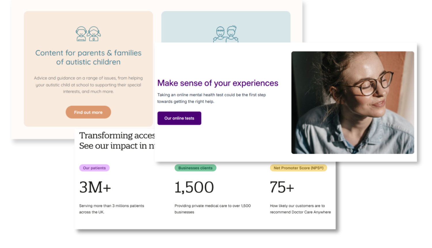 Overlapping presentation slides showing content for autism support, mental health testing, and healthcare statistics, with a photo of a woman with glasses smiling.