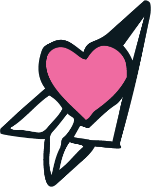 A pink heart with a black outline and a black arrow passing through it.