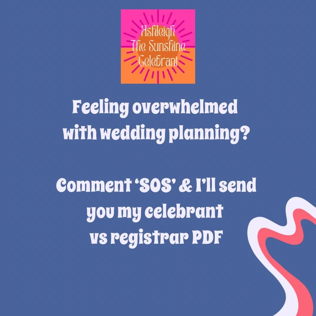 Wedding planning can all feel a lot can&rsquo;t it? 

So many options can feel overwhelming. You may have never even heard of a celebrant or registrar before. Comment SOS and I&rsquo;ll send you my celebrant vs registrar pdf.

I do everything I can t