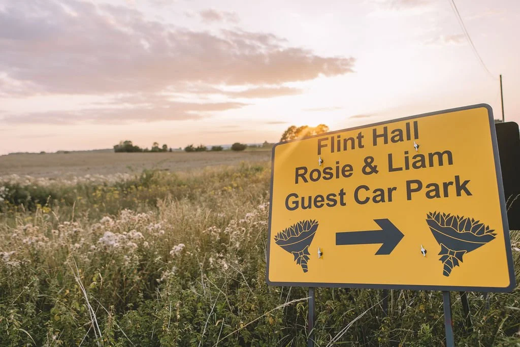 Road sign personalised for wedding with Rosie and Liam, Flint Hall Suffolk
