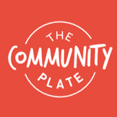 Logo for The Community Plate with a red background and white circular text