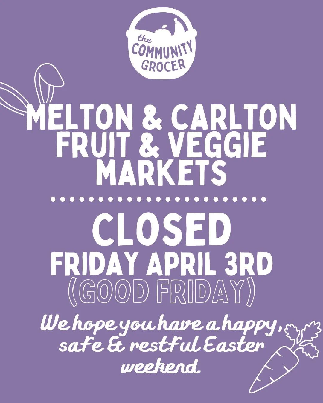 Market closures! ❤️&zwj;🩹

🥕Due to the Easter Public Holidays, our Melton, Carlton and Flemington Markets will be closed next Friday (Good Friday, April 4th) and Saturday (Easter Saturday, April 5th 

Our Flemington Market will also be closed on Sa