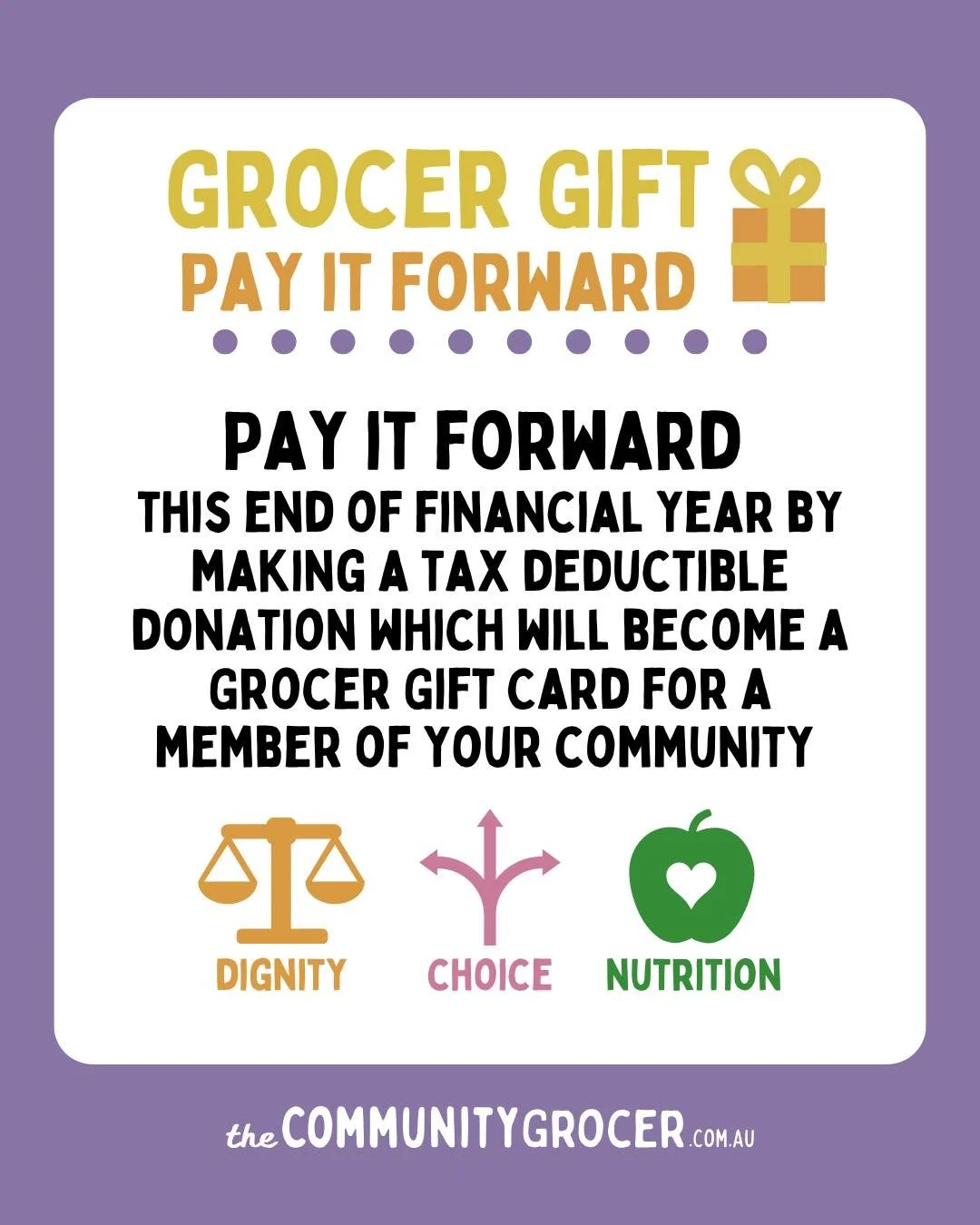 Pay it forward with a Grocer Gift Card this EOFY🎁💚

Since Jan 2024, we have been translating every donation made to our organisation into Grocer Gift Cards, which enable people who may not be able to pay for groceries to come and shop at our market