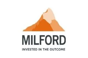 Logo of Milford with an illustration of mountain peaks above the text 'MILFORD' and the slogan 'INVESTED IN THE OUTCOME'.