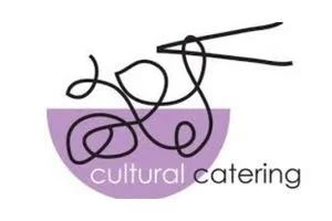 Logo for cultural catering featuring stylized black text and a purple semi-circle with the words 'cultural catering'