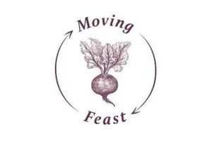 Logo featuring a beetroot with leafy greens and the words 'Moving Feast' encircling it.