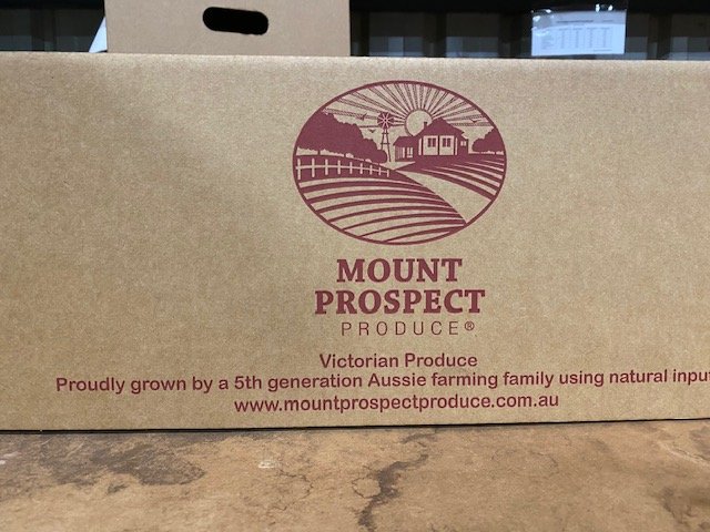 Mount Prospect Produce's box. Text reads, proudly growth by a 5th generation Aussie farming family using natural inputs.