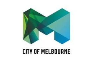 Logo of the City of Melbourne featuring a geometric, abstract 'M' in shades of green and blue.