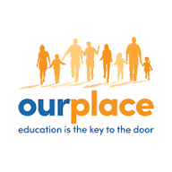 Silhouettes of diverse children and adults walking, with the Our Place logo and slogan 'education is the key to the door'