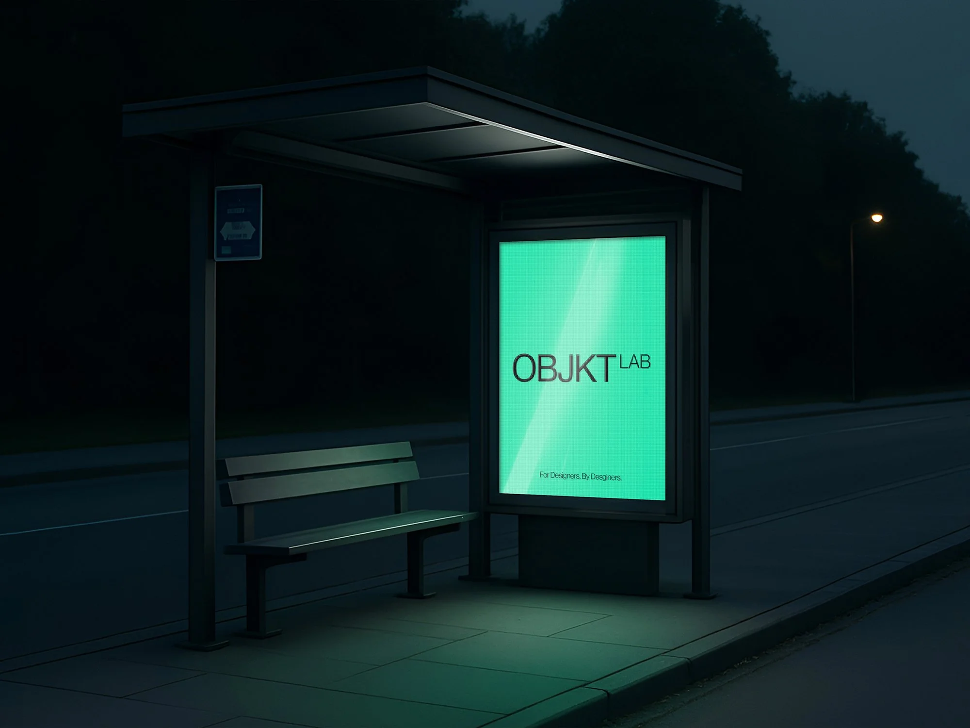 Bus stop billboard mockup with glowing A0 display at night - editable PSD for outdoor ad designs and illuminated posters.
