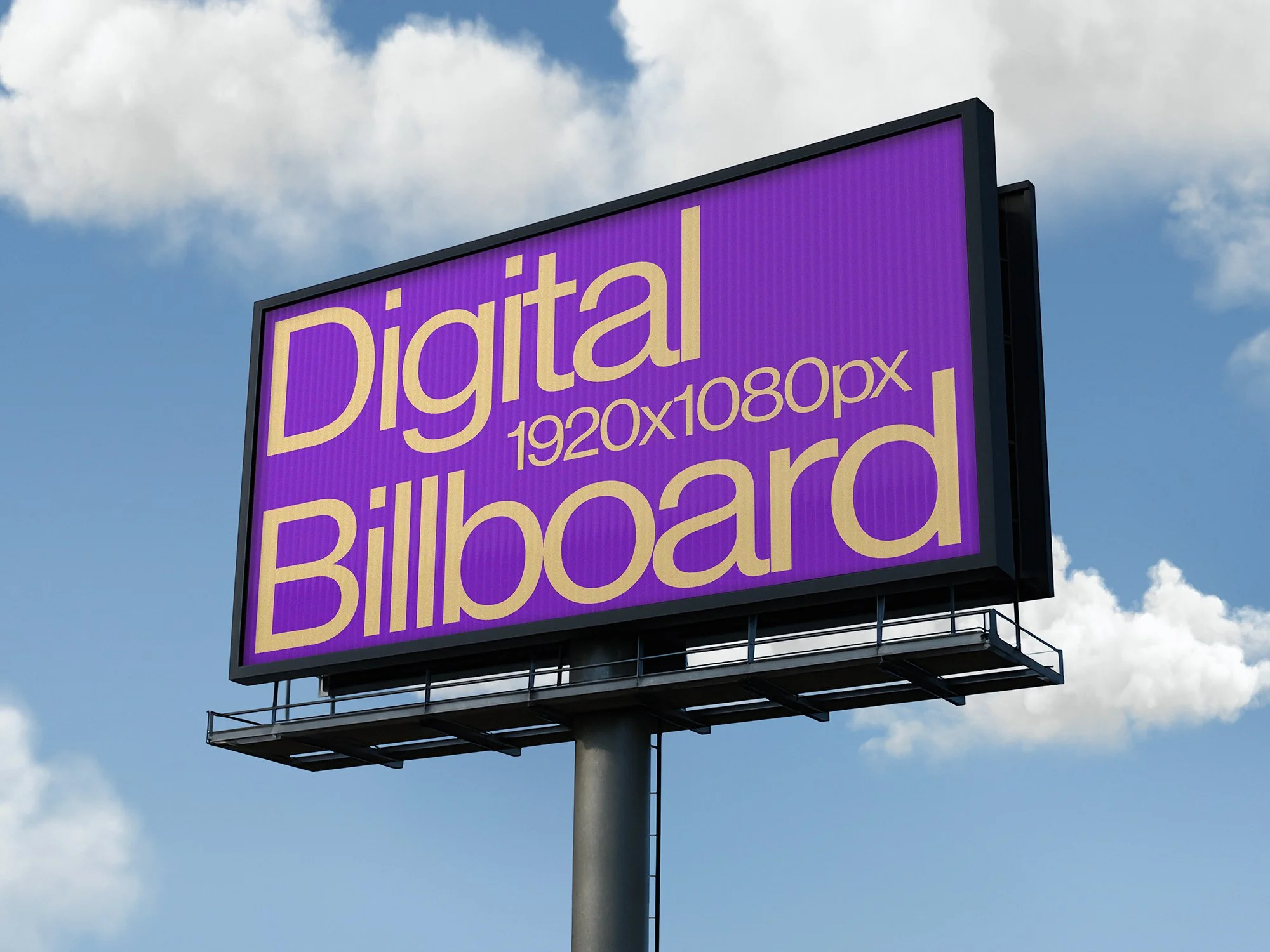 Digital billboard mockup with 1920x1080px screen set against a clear blue sky - editable PSD for outdoor advertising designs.