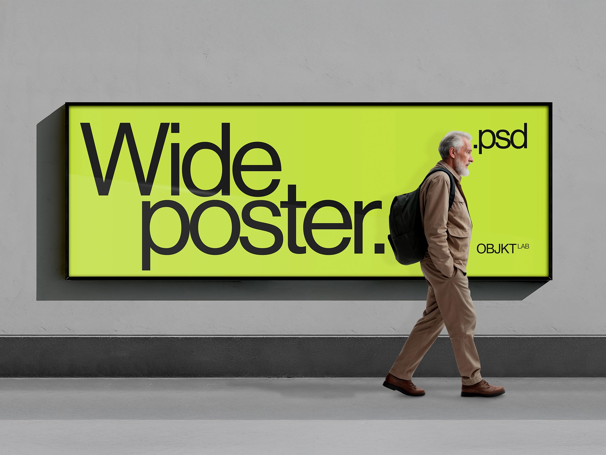 Wide-format street poster mockup on urban wall with walking man - landscape PSD template with editable pedestrian layer.