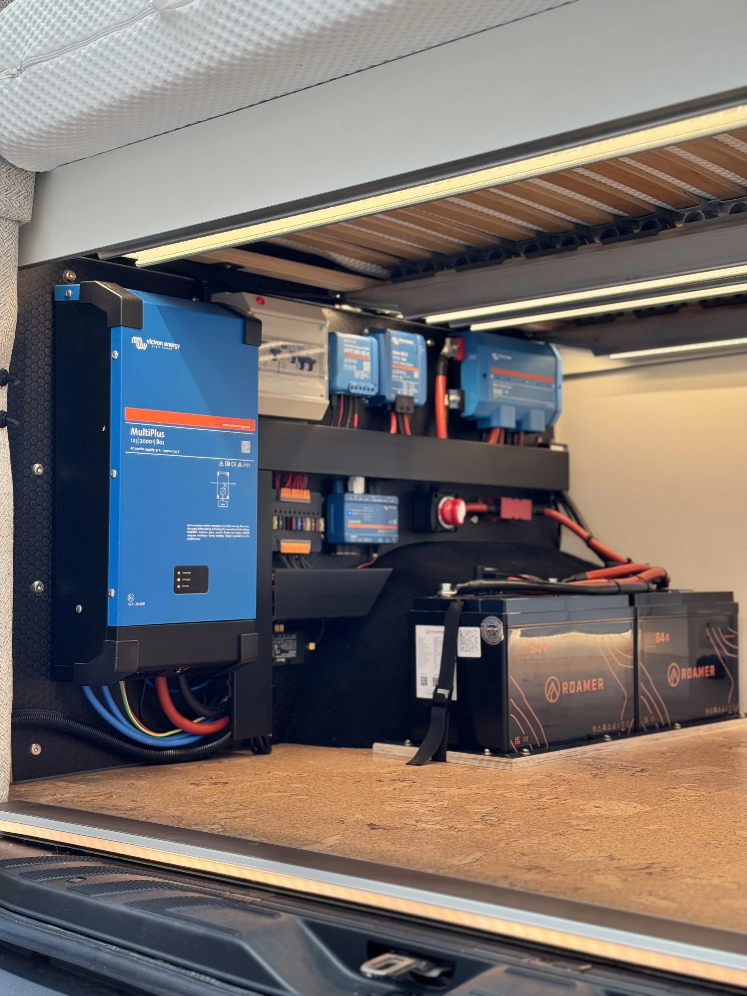 Interior view of a solar power system with blue inverters, batteries, and wiring mounted on a wooden panel.