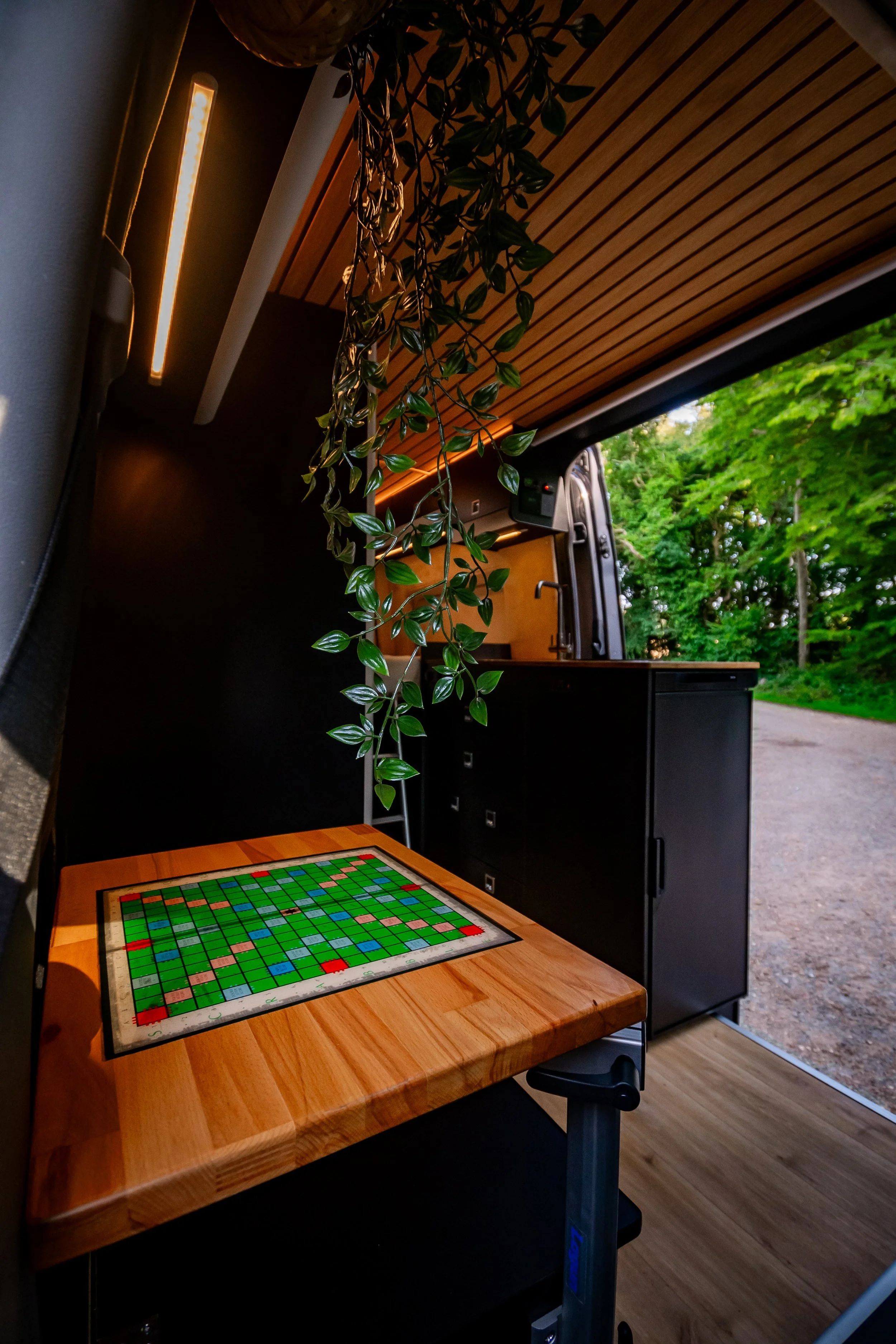 Interior of a mobile tiny house with a wooden table, hanging green plant, black cabinets, and an open door revealing a lush green outdoor scene.