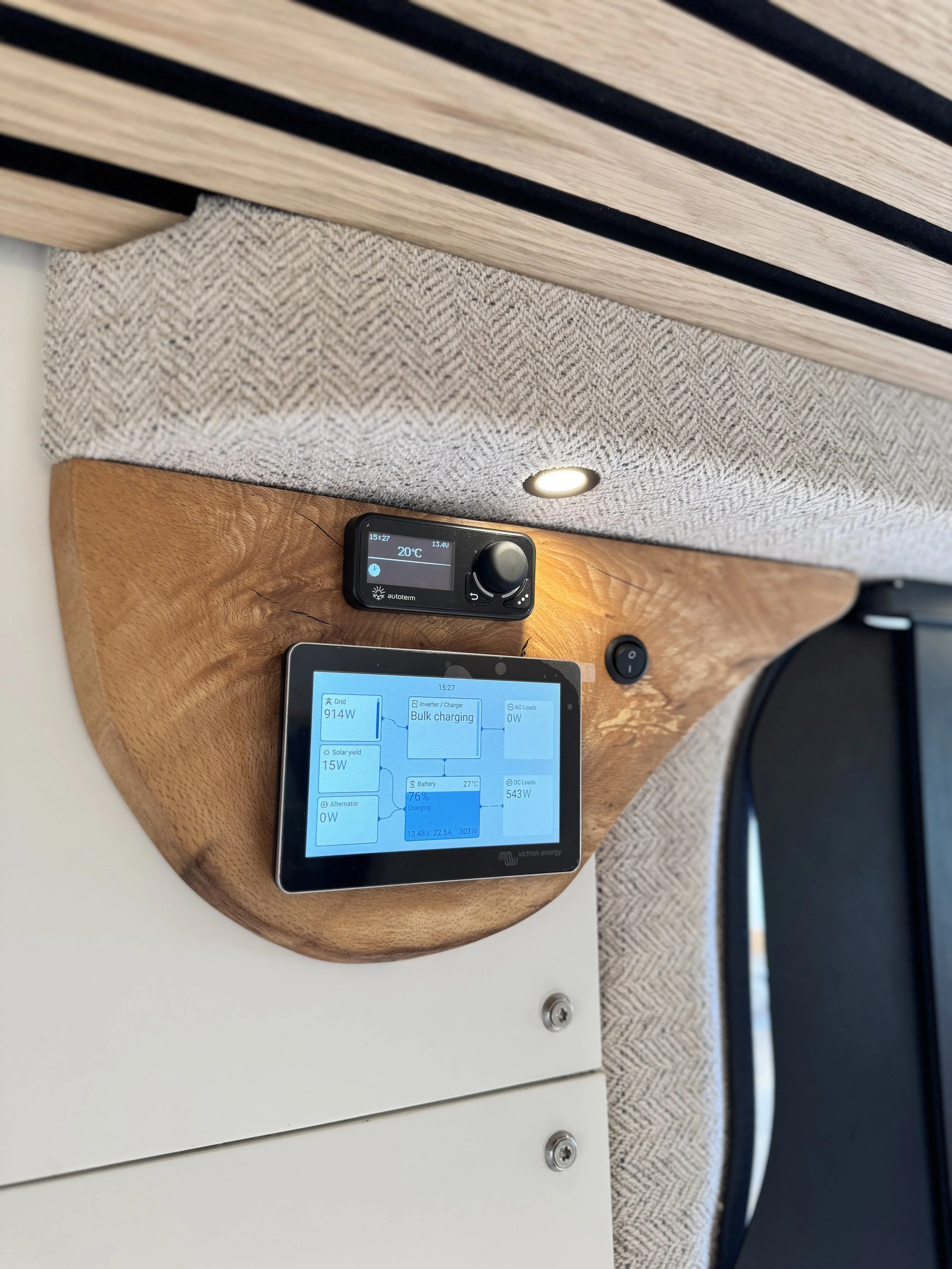 A digital control panel and a smaller device mounted on a wooden and fabric-covered wall inside a vehicle or van. The display shows various electrical system metrics including power usage and battery status.