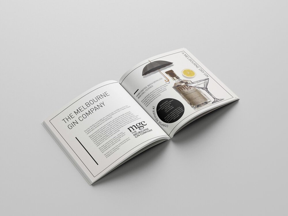 Open magazine featuring The Melbourne Gin Company with images of gin and cocktail ingredients.
