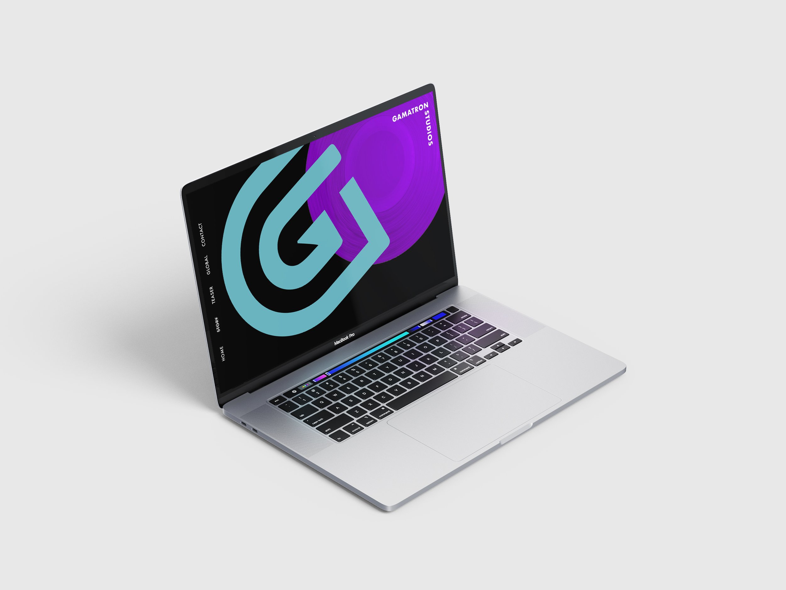 Silver MacBook Pro laptop with a black keyboard, opened at an angle on a white surface, displaying an colorful abstract graphic on the screen.