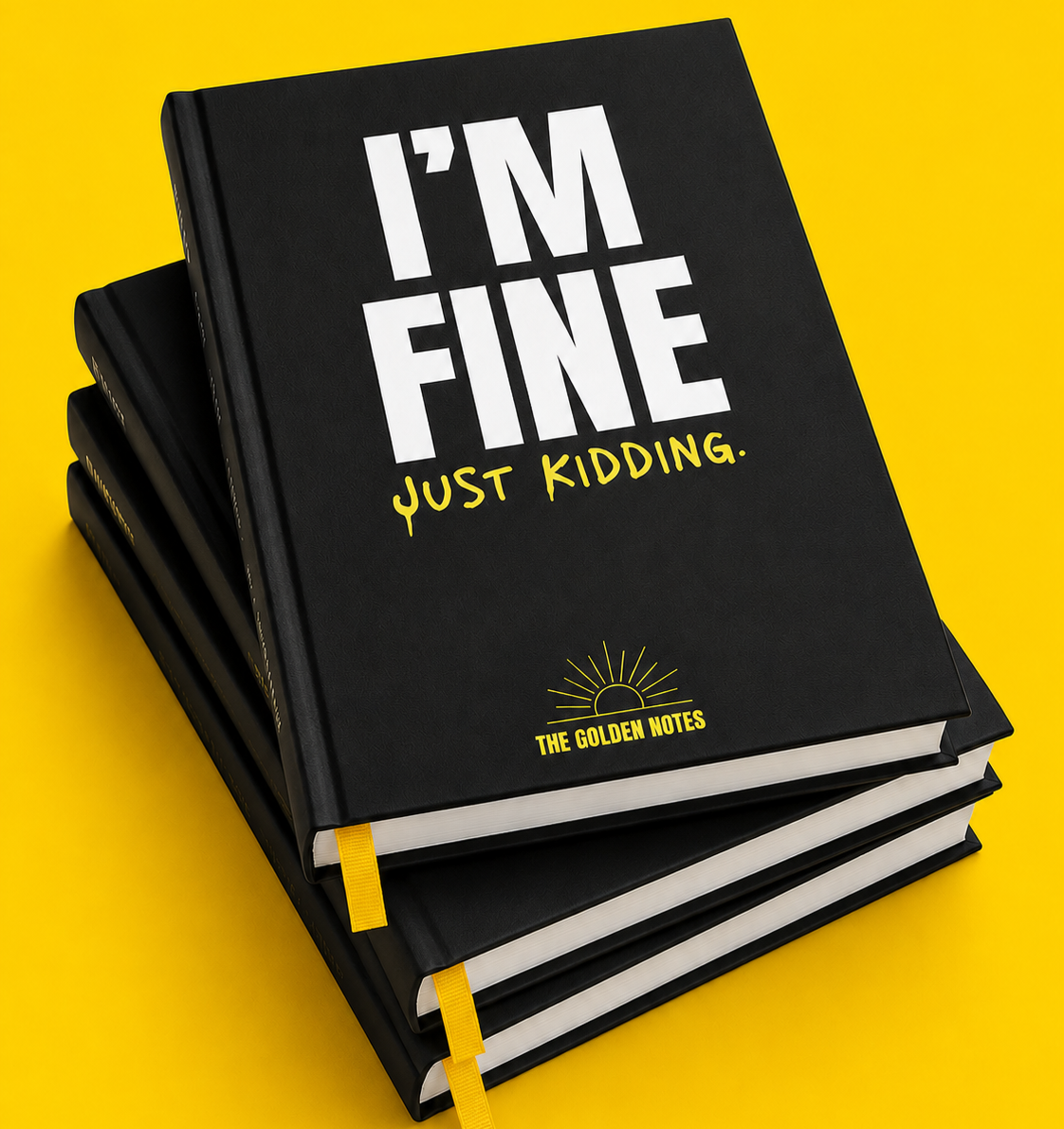 A stack of black notebooks with a yellow background. The top notebook has white and yellow text that says, "I'M FINE JUST KIDDING. THE GOLDEN NOTES" with a small sun icon.