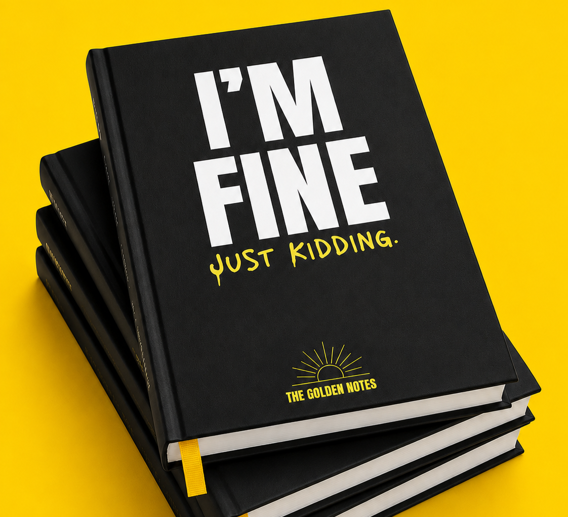 Stack of black notebooks with yellow text on the cover reading 'I'M FINE, JUST KIDDING' and 'THE GOLDEN NOTES', placed against a bright yellow background.
