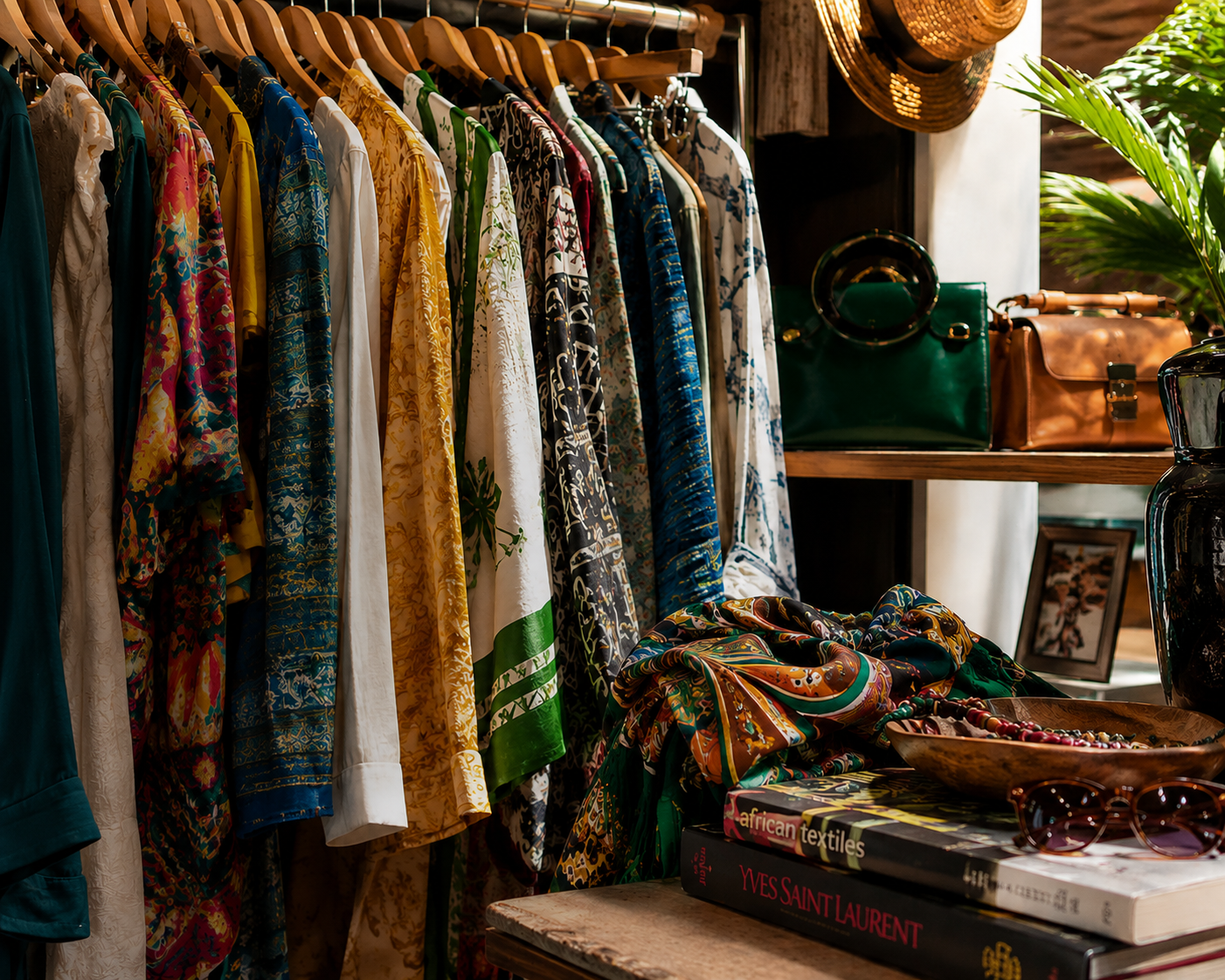 A clothing rack with colorful patterned dresses and shirts hanging on wooden hangers in a boutique. On the table in front, there's a pile of fabric or scarves, books about textiles and fashion, and a pair of sunglasses. Behind the rack, shelves display handbags in green, brown, and black, along with decorative hats and framed photos, with greenery adding a natural touch.