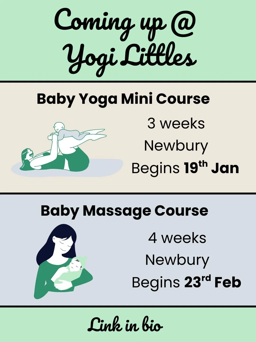 Coming up in the New Year 🎉

Baby Yoga Mini Course 🧘&zwj;♂️🌿
3 week series designed to teach you the core moves of baby yoga to help with your little one's development. Learn moves to support:
- Digestion
- Core strength &amp; flexibility
- Coordi