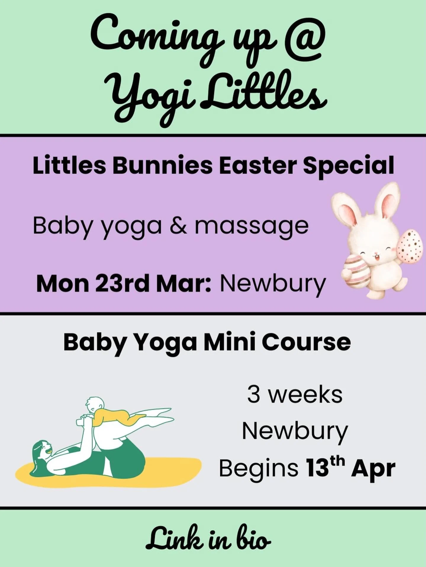 Coming up at Yogi Littles 💕

Little Bunnies Easter Special 🐰
Join us for a one-off session full of baby yoga, massage &amp; Easter fun! 
Perfect for:
- Anyone who has previously attended a course/class with Yogi Littles
- Anyone who hasn&rsquo;t ye