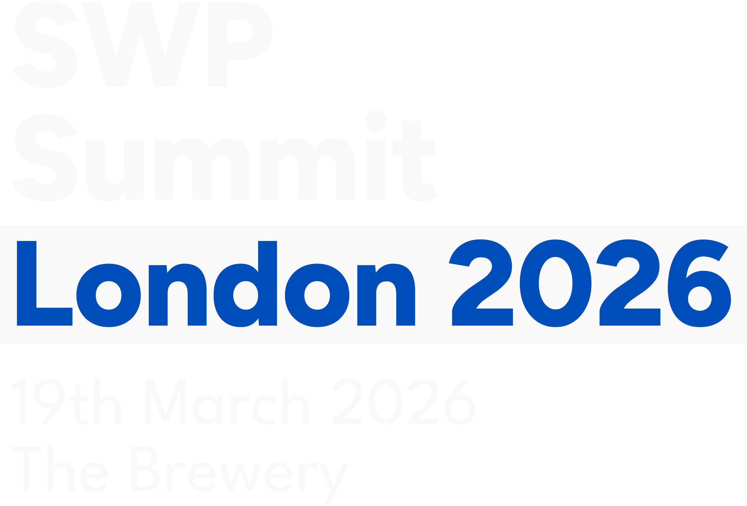 Event poster for SWP Summit London 2026, scheduled for March 19, 2026, at The Brewery.