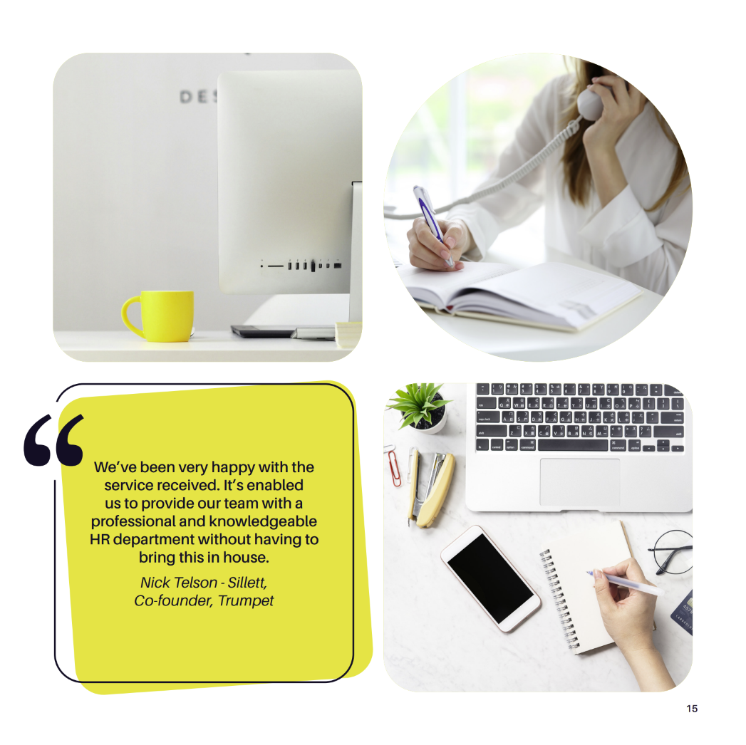 Workspace with a yellow coffee mug, a computer monitor, a person on the phone, a plant, a laptop, a smartphone, a notepad, pens, and glasses.