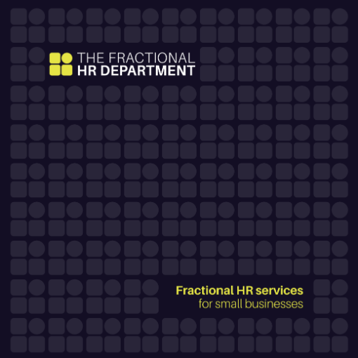 Title slide for 'The Fractional HR Department' presentation, featuring gray square graphics on a dark background, with text about fractional HR services for small businesses.