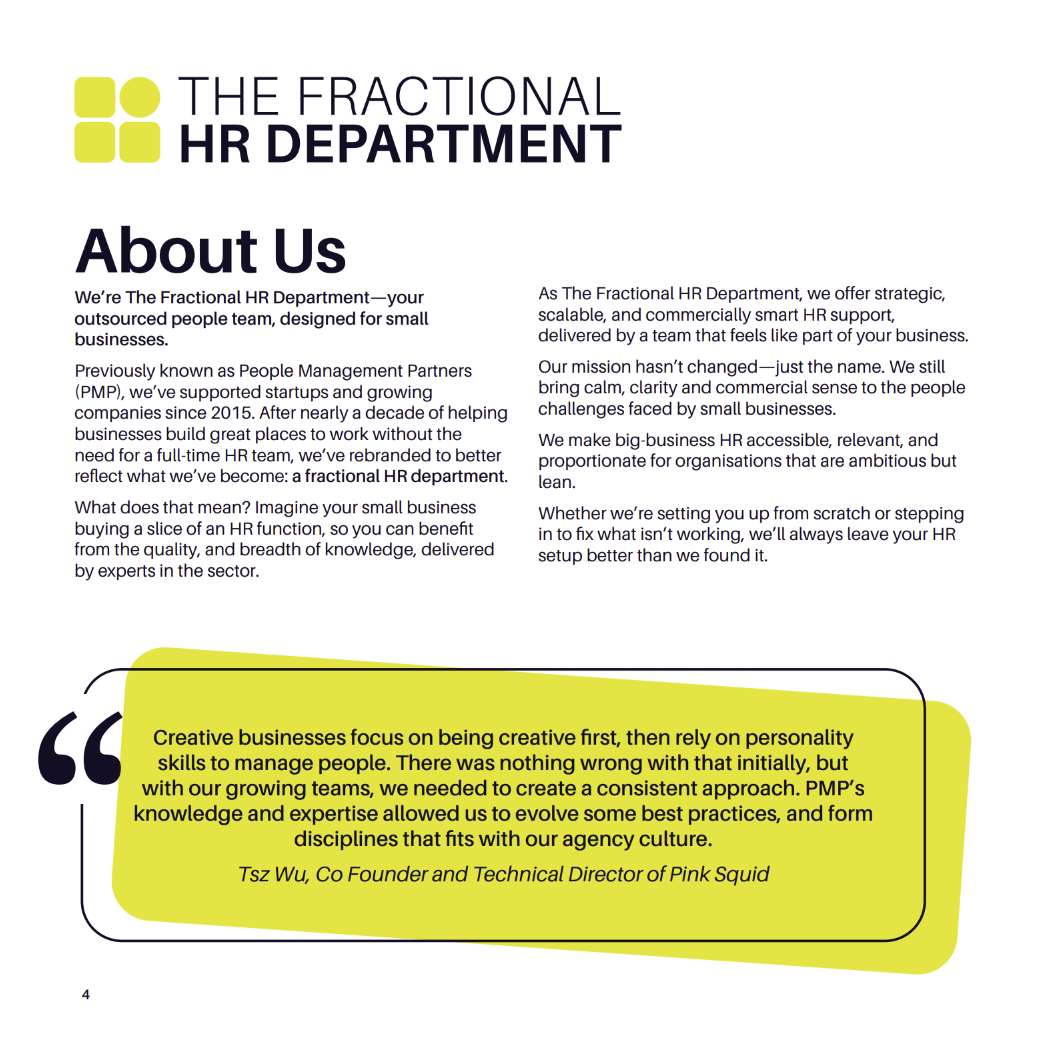 Page from a brochure or report titled 'The Fractional HR Department,' with sections 'About Us' and a highlighted quote at the bottom. The quote emphasizes the importance of personality skills and knowledge in creative businesses, attributed to Tsz Wu, Co-founder and Technical Director of Pink Squid.