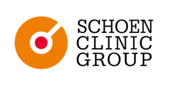 Logo of Schoen Clinic Group featuring an orange circle with a red dot in the center and a black needle-like line, accompanied by the text 'SCHÖN CLINIC GROUP' in black.