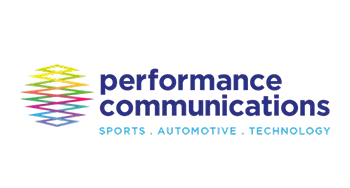 Colorful logo for 'Performance Communications' with tagline 'Sports - Automotive - Technology' underneath.