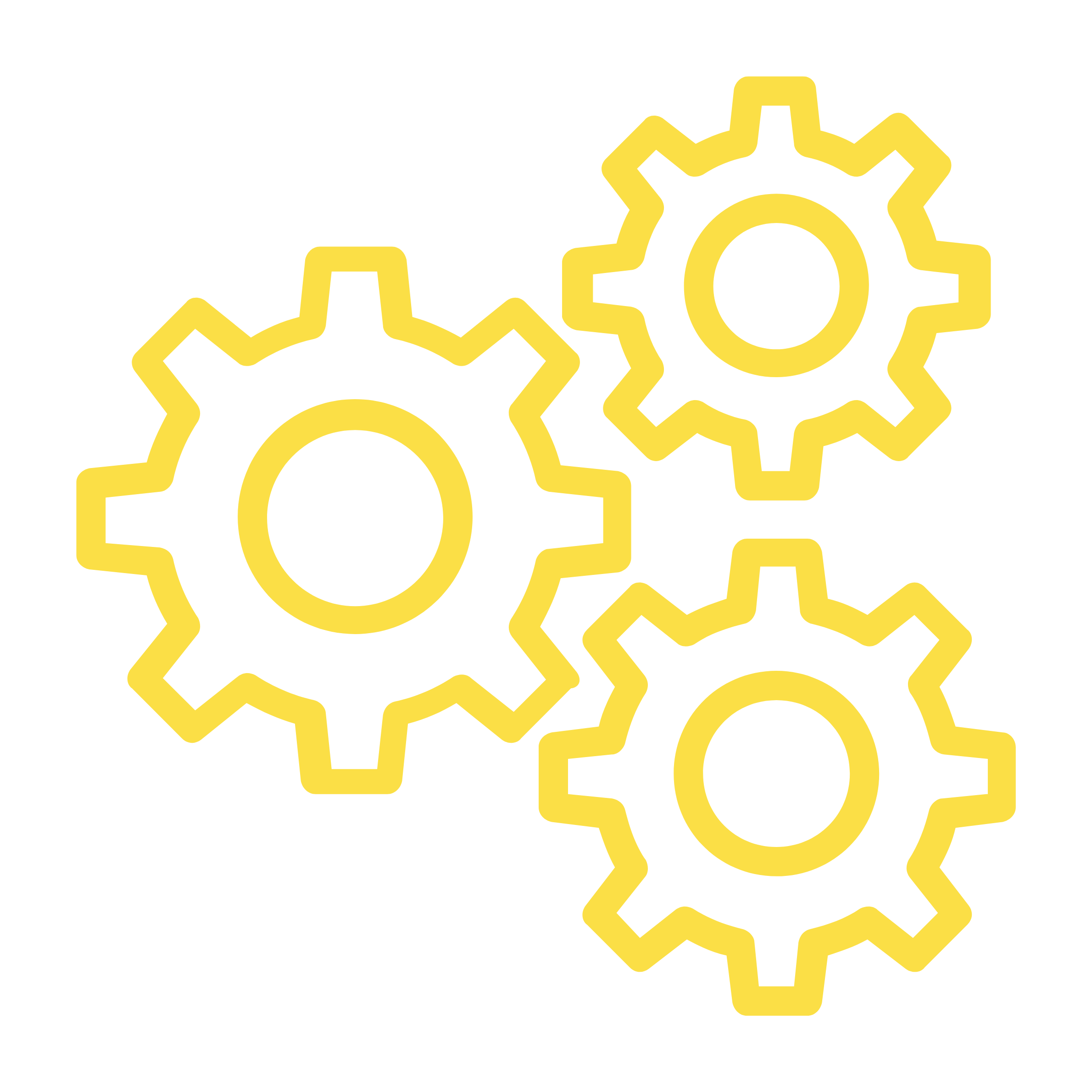 Three interconnected yellow gear icons on a black background.