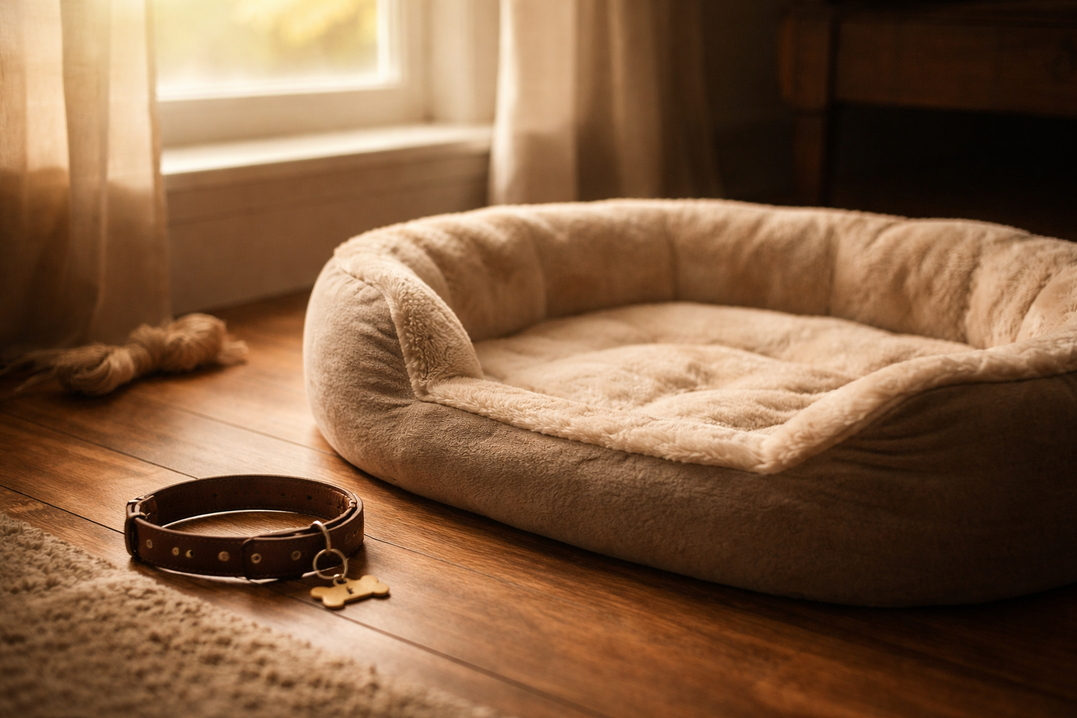 Empty dog bed with soft morning light representing phantom sounds and sensory grief after losing a dog