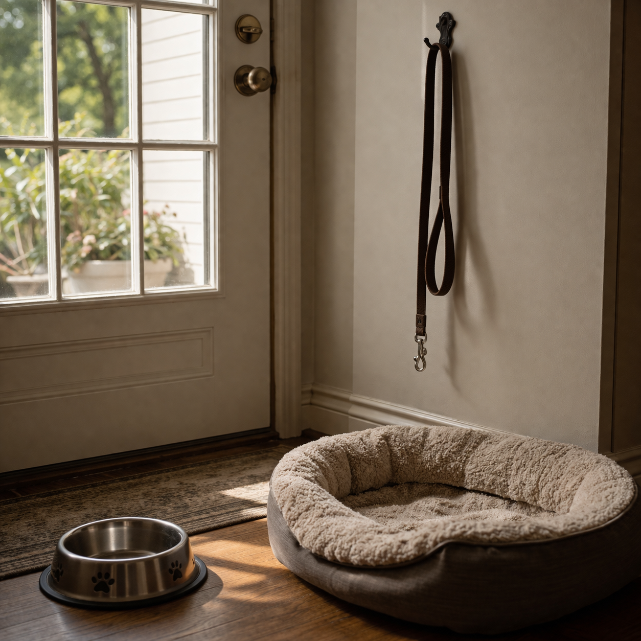 A dog's empty bed in a quiet room, representing the grief and sense of absence that follows pet loss.