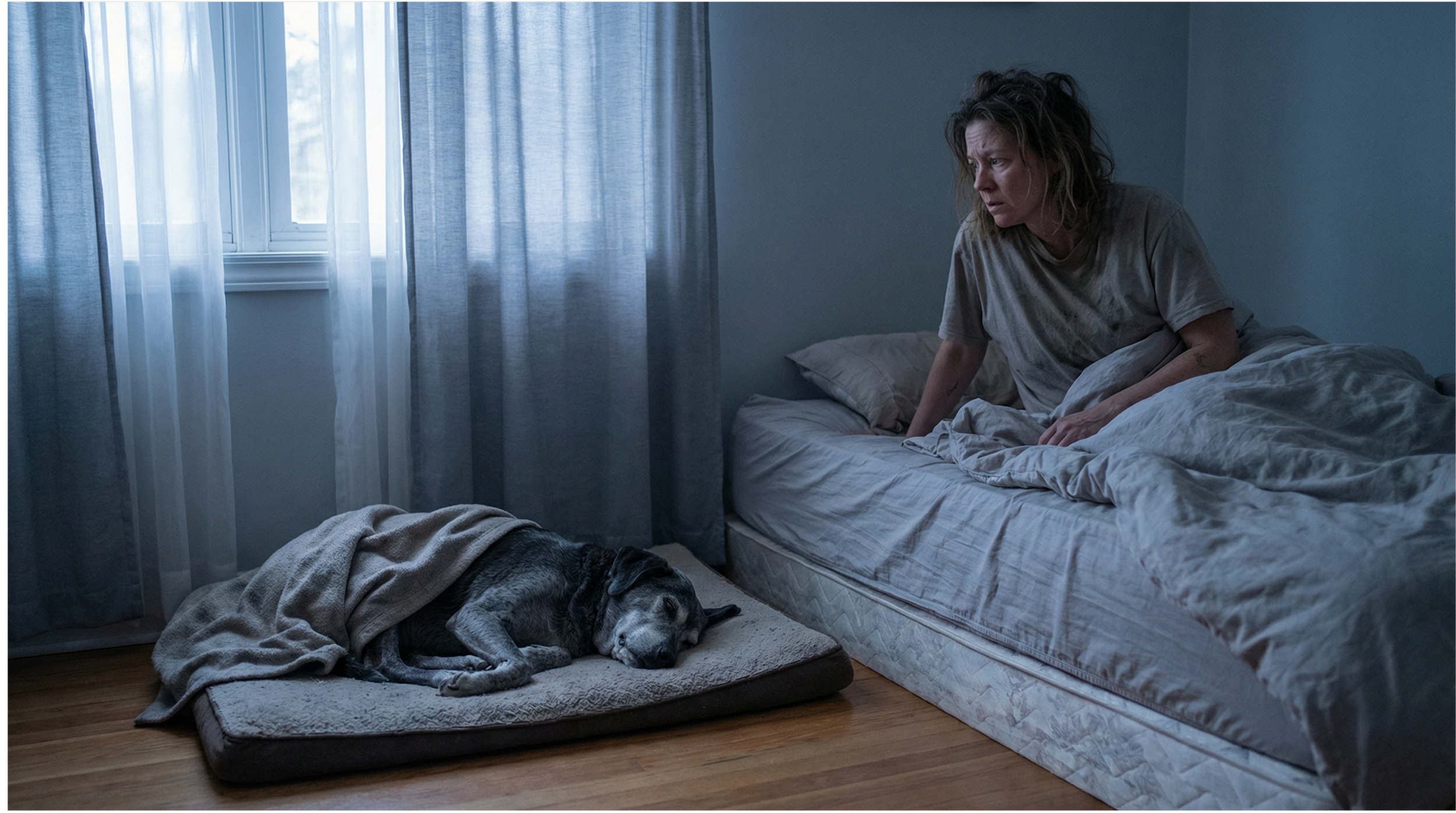 A female being woke up afraid that her senior dog is very sick.