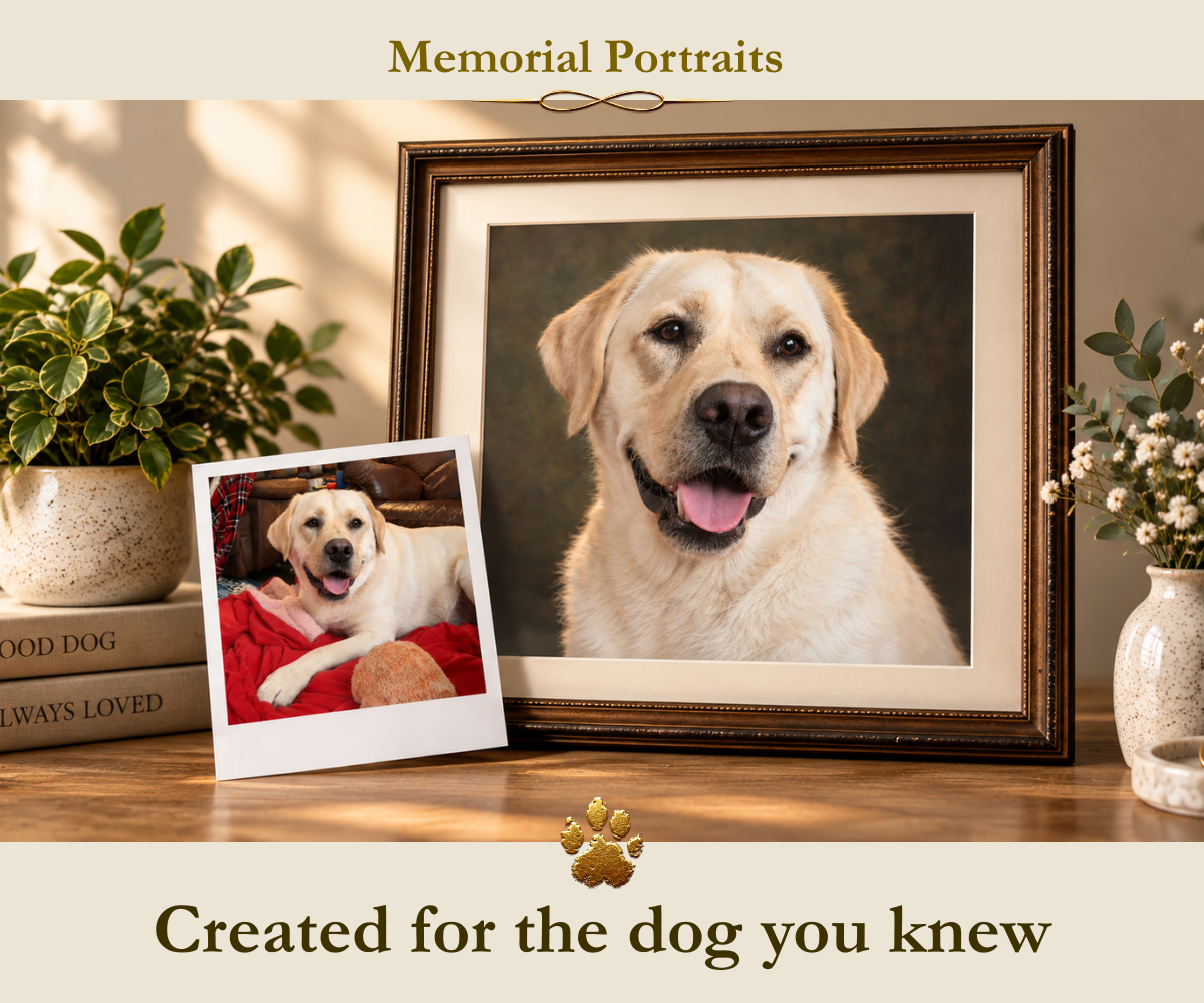 Curated memorial portraits for the dog you knew