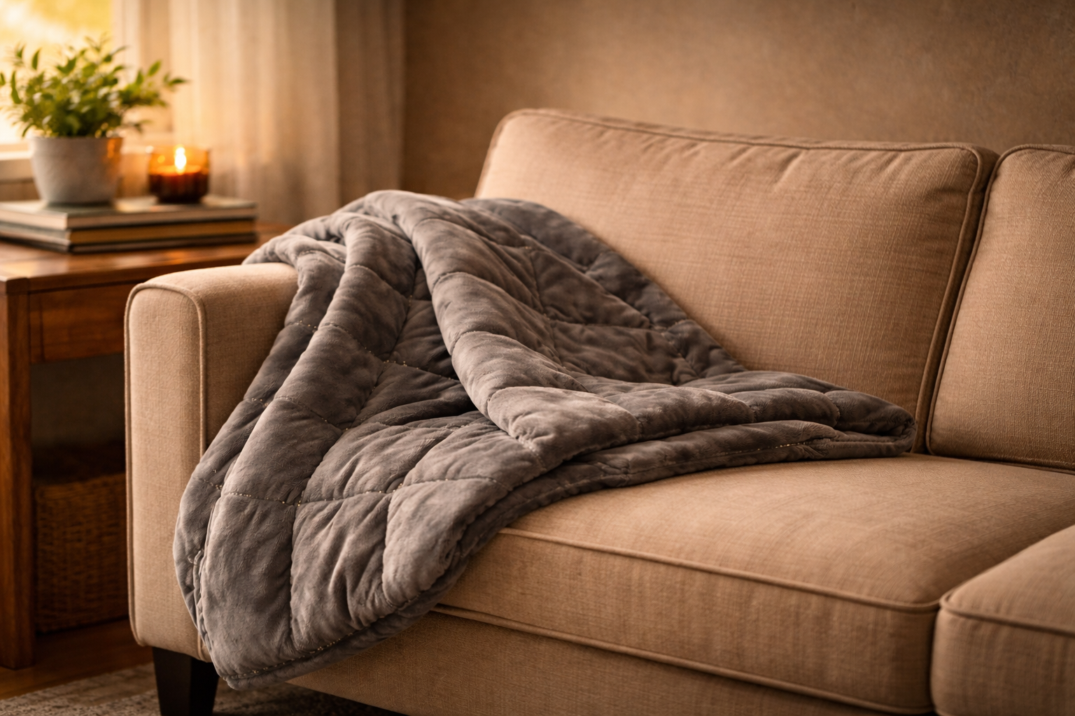 If you're sleeping at odd hours — which is common, and perfectly okay — a soft, comfortable throw blanket to rest on the couch, in a chair, or anywhere that doesn't feel like "the spot" you shared with your dog can help you rest without triggering.