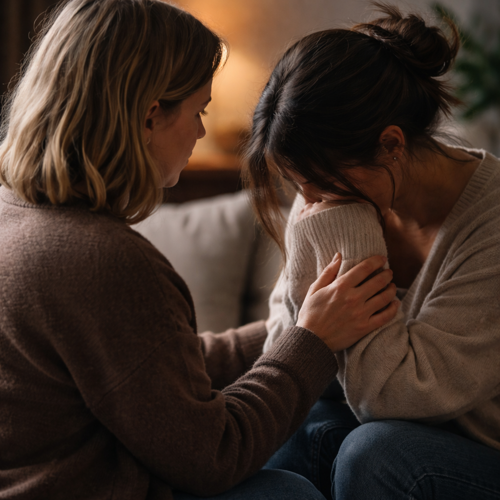 Two people sitting together in quiet companionship — the kind of grief support that actually helps after the loss of a beloved dog
