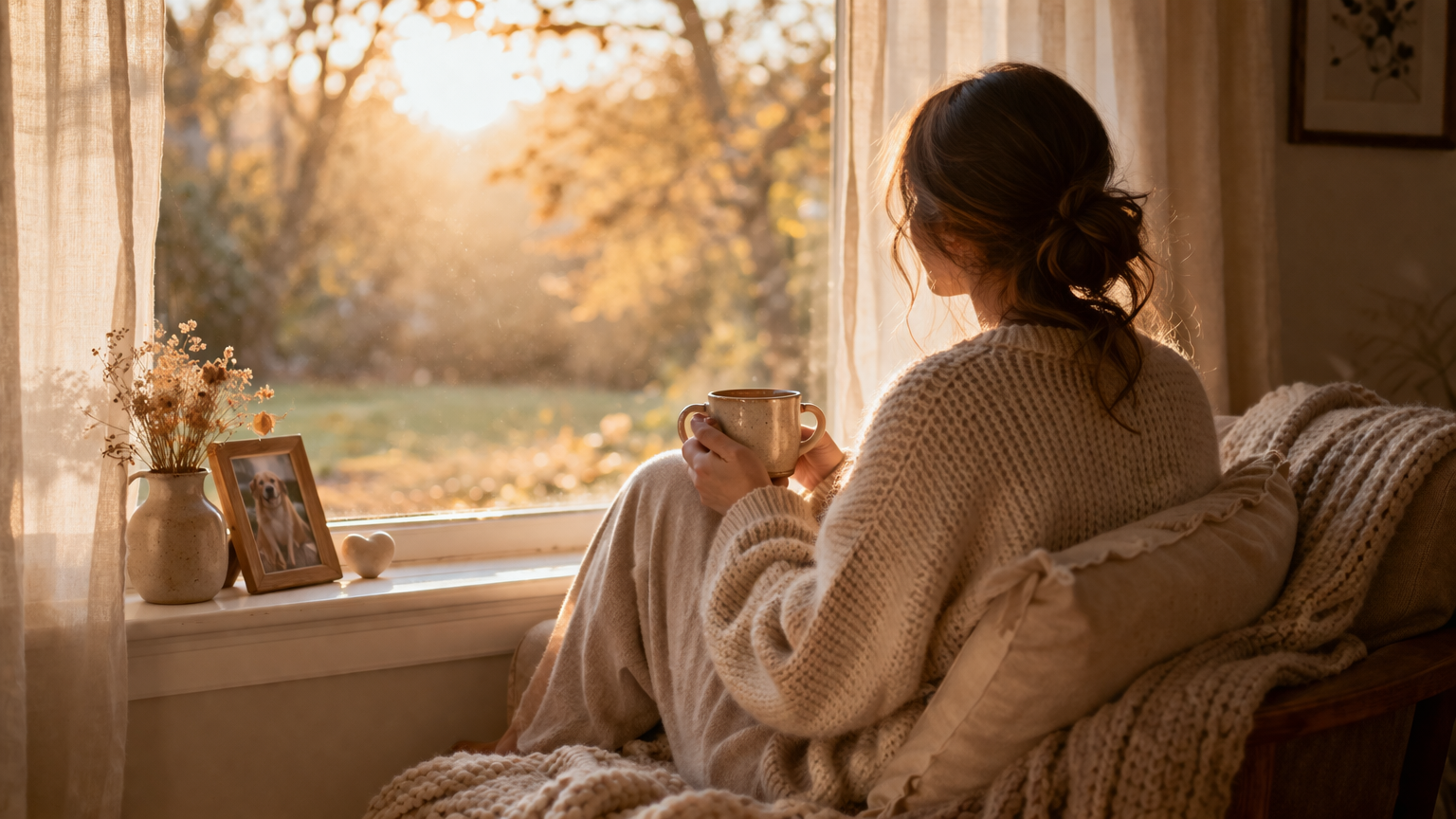 A woman in a cream sweater sits by a window holding a mug, with a framed photo of her dog on the windowsill, looking out at golden autumn light while grieving the loss of her beloved pet.