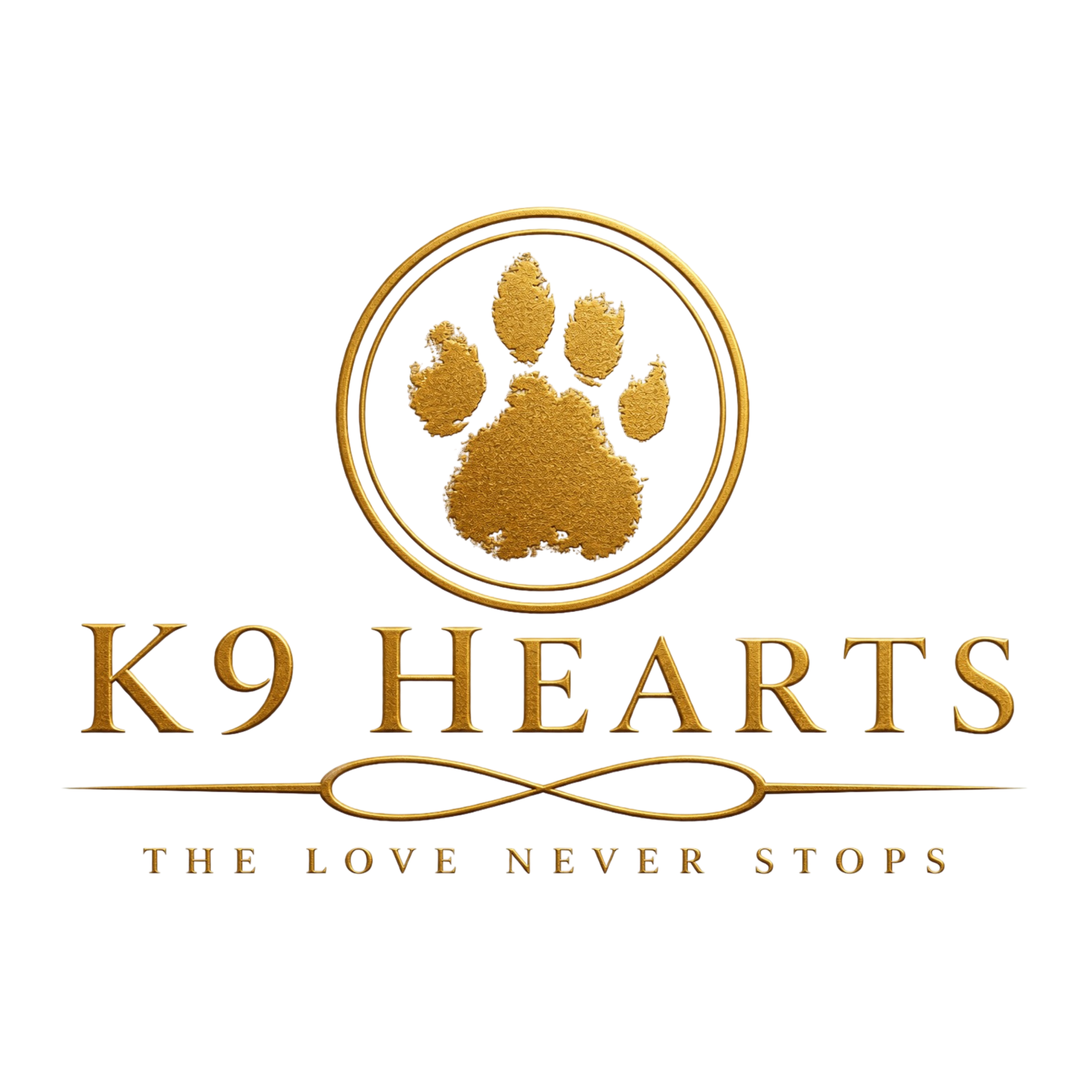 K9Hearts Logo of a paw in a double circle, with an infinity symbol with the text The paw prints stop. The love never does.