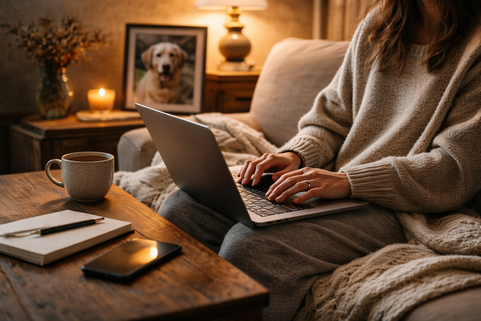 A person sitting quietly with a laptop, reaching out for pet loss support after losing their dog