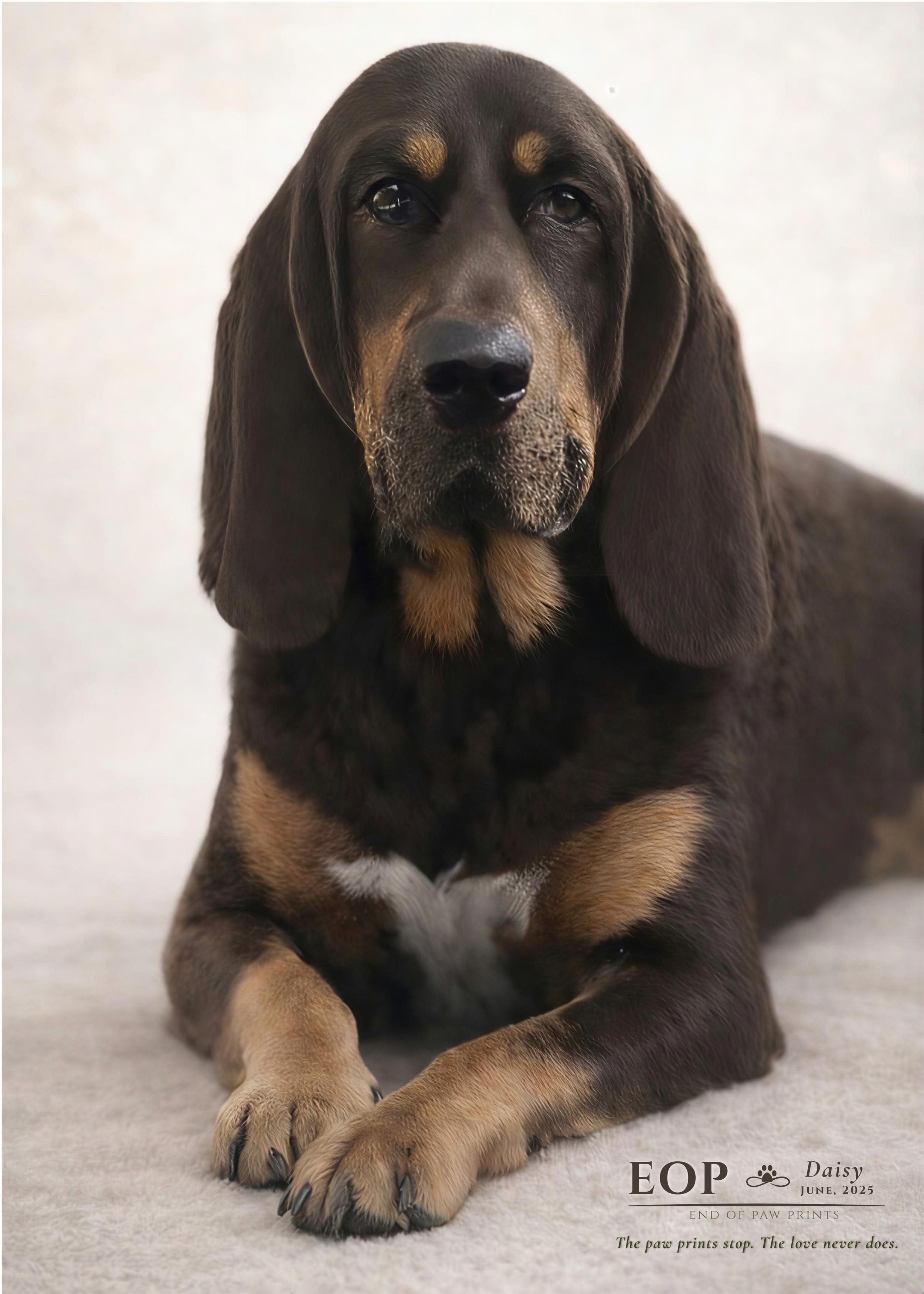 Hound dog posing for a camera of a soft couch. the End of Paw Prints Emblem is in the right corner.