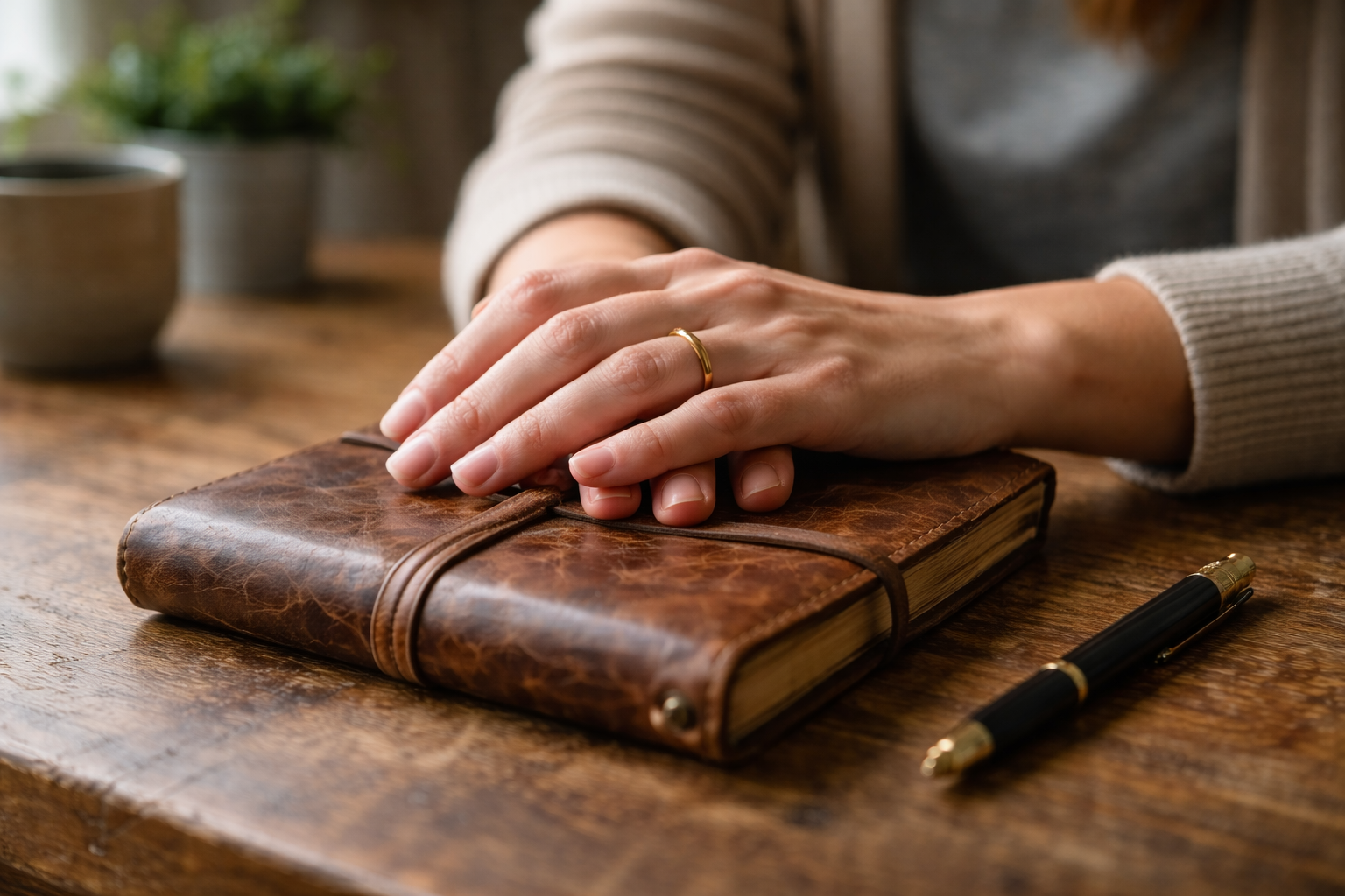 Open hands resting on a grief journal, representing the healing process of writing through guilt and loss after a dog's death.