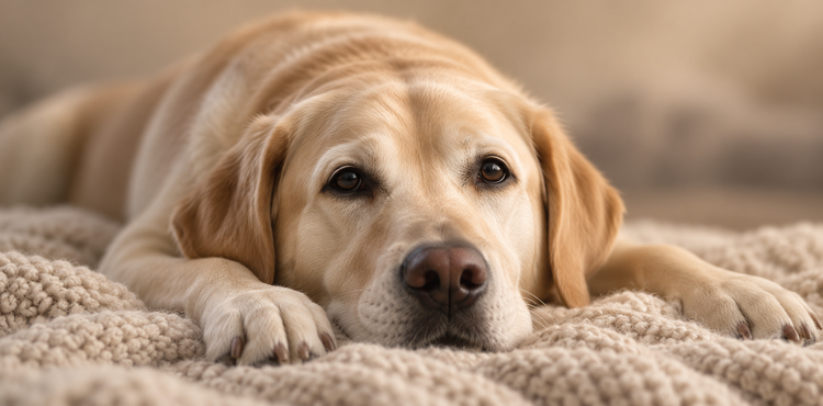 Yellow Labrador resting on a soft blanket
