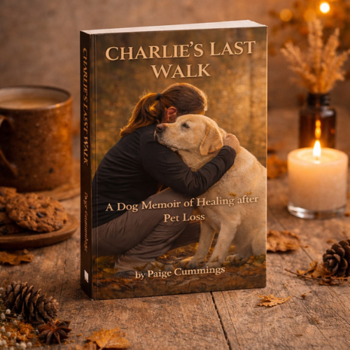 A picture of the book Charlie's Last Walk: A Dog Memoir of Healing after Pet Loss by Paige Cummings owner of K9 Hearts.