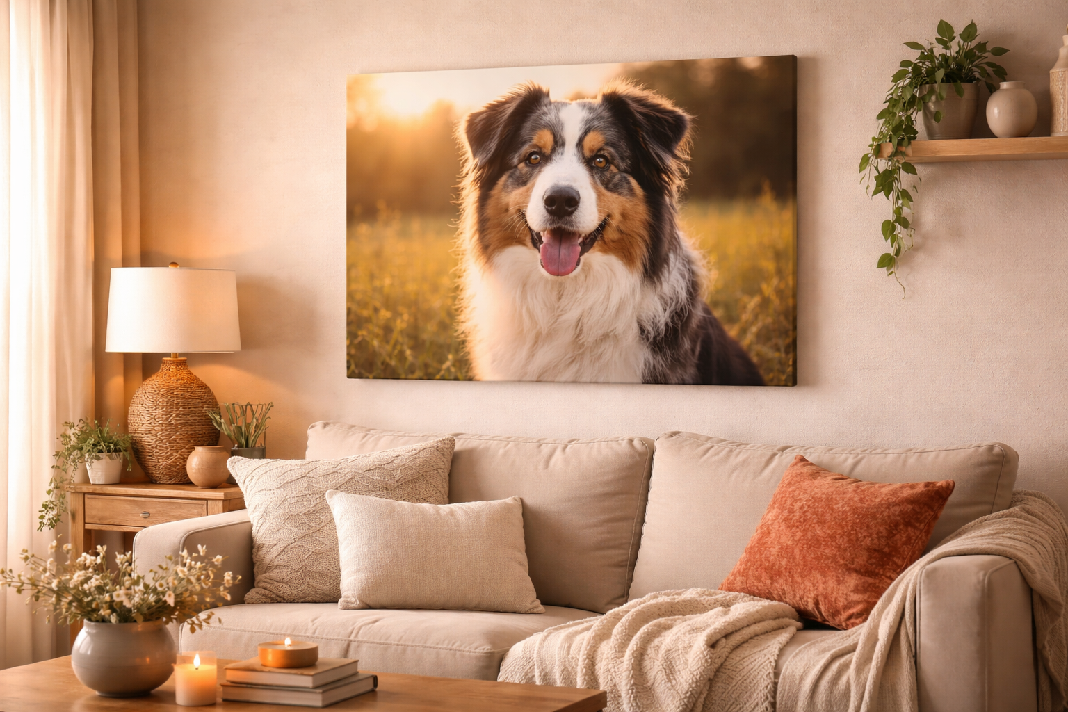 A living room with cheerful dog canvas print